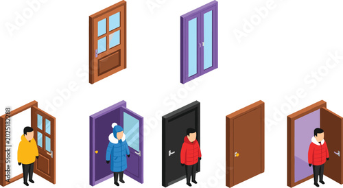 Foto Set of isometric door illustrations featuring closed and open entrances with peo