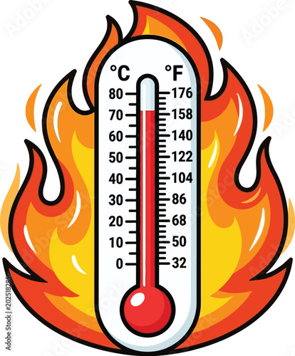 Cartoon thermometer showing extreme high temperature surrounded by vibrant orange flames in this colorful digital illustration