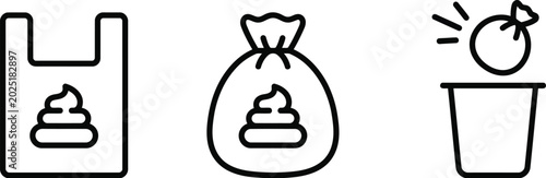 Three simple line icons representing the sanitary disposal of pet waste in bags and bins