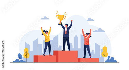 Success concept featuring a business professional standing on the top of a podium holding a golden trophy with coworkers.