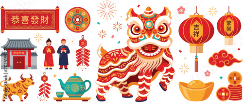 Photos Chinese New Year Festival Collection with Lion Dance Lanterns Firecrackers and T