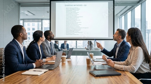 Corporate Team Reviewing an All Bullet Presentation Slide During a Modern Office Meeting, Laptops, Projector Screen, Professional Business Attire, Corporate Life