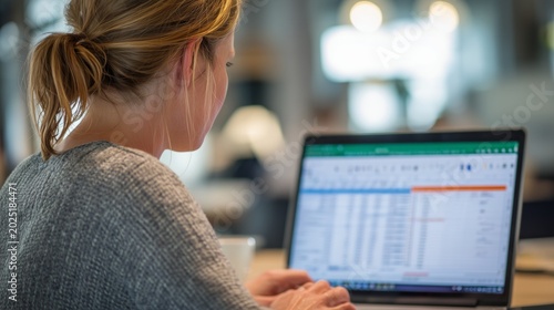 Woman's back and hands typing on a laptop with a spreadsheet on the screen