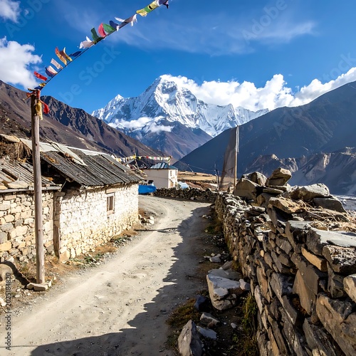 A serene mountain village with stone houses and a dirt road