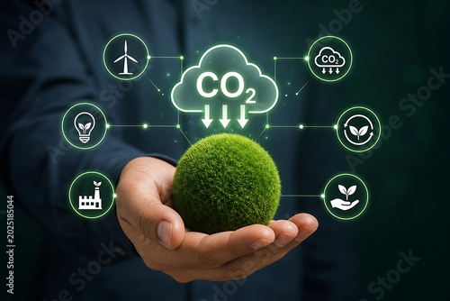Person holding a green sphere with carbon dioxide reduction symbols surrounding the hand