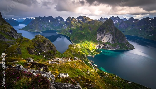 A serene mountainous landscape with a calm body of water