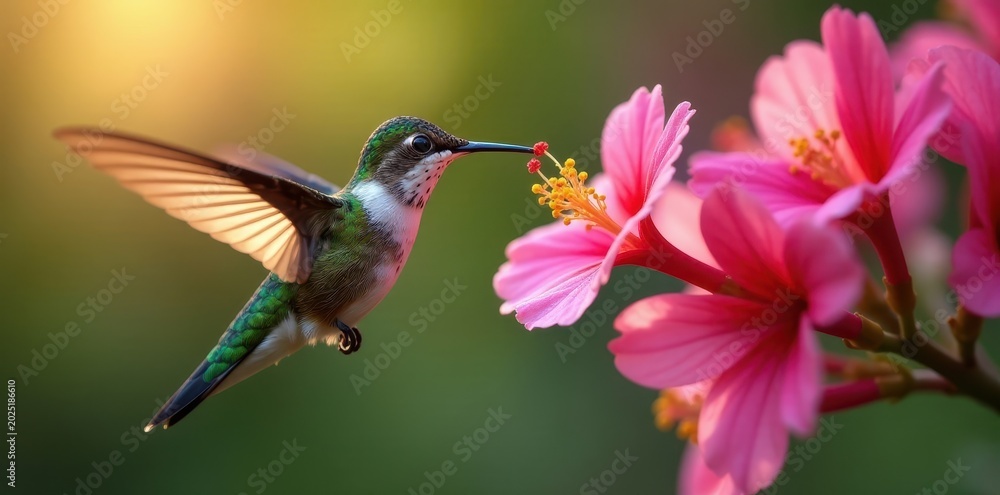 Fototapeta premium Delicate hummingbird perches on honeysuckle flower, sipping nectar, bird, beauty