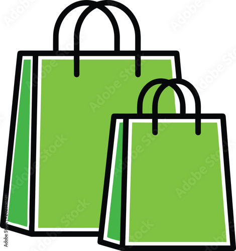 Green shopping bag illustration with black outlines, modern retail design symbolizing consumerism, eco friendly shopping, and commercial branding