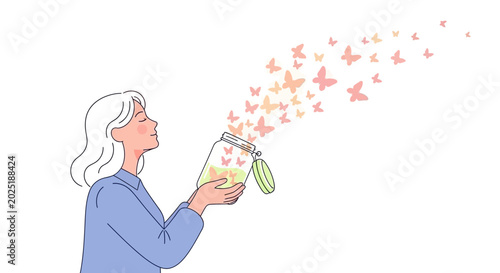 Woman releasing butterflies from jar illustration symbolizing freedom and hope