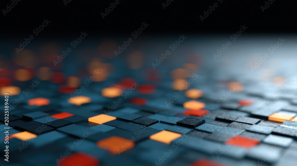 Fototapeta premium Colorful glowing square pixels on digital grid creating gaming and technology inspired background