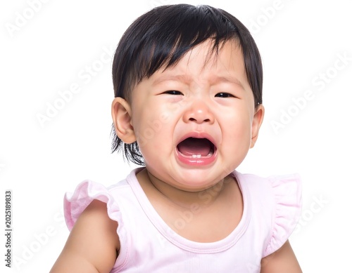 Upset Asian Toddler Girl Crying in Studio on White Background