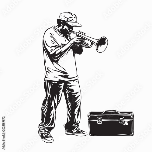 Foto Street Musician Playing Trumpet in City Vector Illustration On White Background