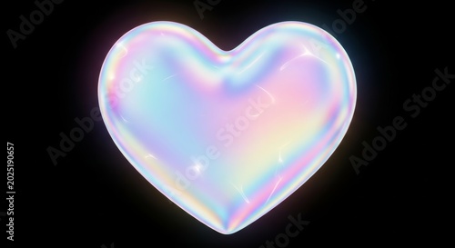 Iridescent 3D heart shape with holographic texture isolated on black background. Glossy metallic sign of love, romance and passion. Abstract digital art element for Valentine day.