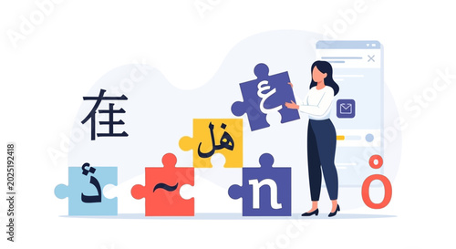 Woman assembling language puzzle educational concept illustration