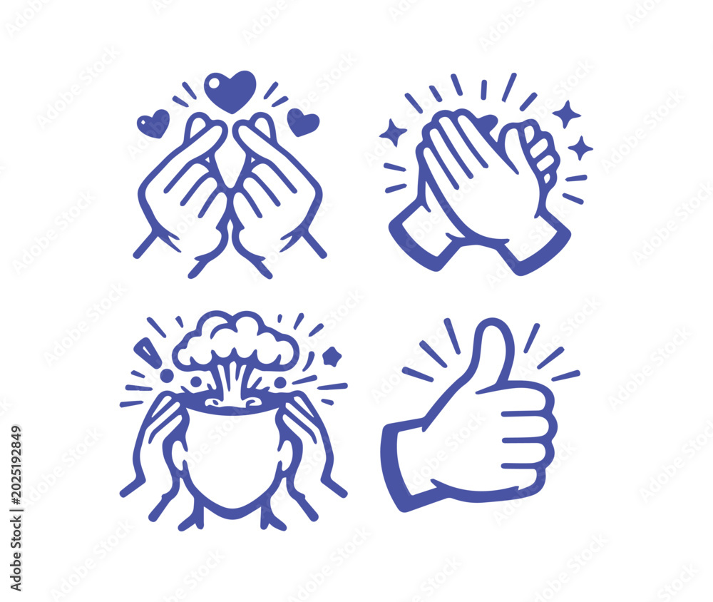 Fototapeta premium Minimalist hand gesture icon set, blue line art finger heart and clapping hands, mind blown and thumbs up vector illustrations for social media