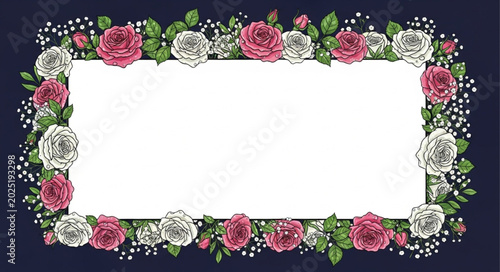 Rectangular Floral Frame with Roses and Babys Breath Flowers.