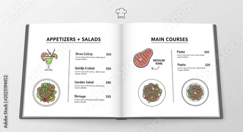 Foto Restaurant Menu Open Showing Appetizers Salads and Main Courses.