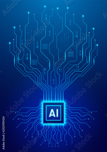Concept visualization of AI microchip. Glowing AI semiconductor chip with circuit lines form silhouette of digital tree. Artificial intelligence processor and data visualization. Vector illustration.