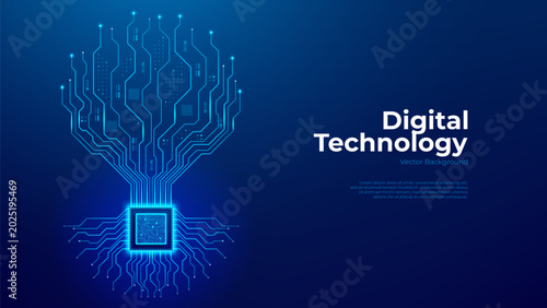Futuristic visualization of microprocessor concept. Glowing semiconductor chip with circuit lines form silhouette of digital tree. Micro processor and data visualization. Vector illustration.