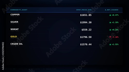 A financial trading screen displays real-time market prices for copper, silver, wheat, gold, and crude oil, with percentage changes