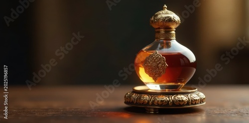 Elegant gold cap atop a traditional Arabic perfume bottle sits on a ornate wooden base , gold, arabic