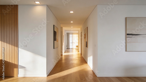 Warm sunlight bathes minimalist hallway