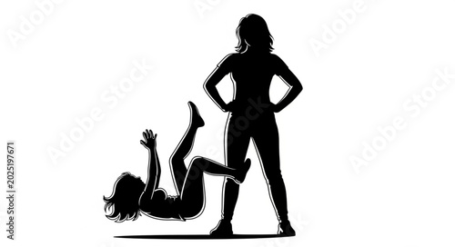 Bild auf Leinwand Silhouette of two women fighting one woman is down.