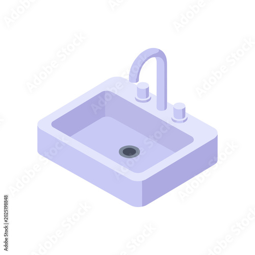 Isometric kitchen sink with faucet and two knobs in light purple