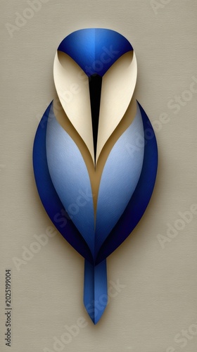 Minimalist abstract bird illustration featuring smooth blue curves and elegant symmetrical paper craft style design composition