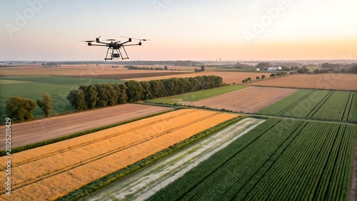 Aerial view of drone flying over agricultural fields at sunset