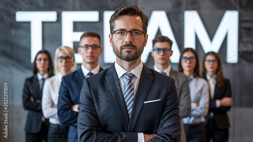 Confident business team standing together with leader in front