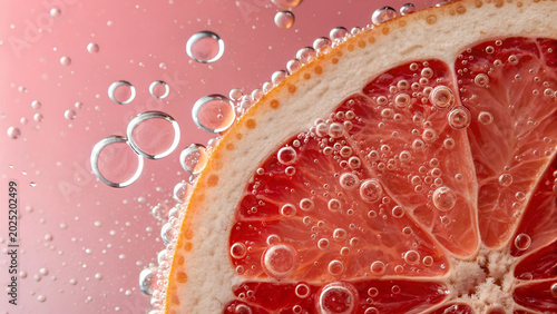 Fresh Grapefruit Slice with Sparkling Bubbles Close Up