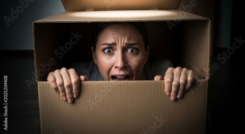 Woman hiding inside a cardboard box looking scared. Frightened female person peaking out from a carton container. Concept of stress, social anxiety, depression and feeling trapped.