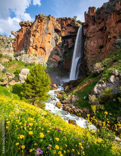 A serene waterfall cascades down a rocky cliffside surrounded by vibrant flowers and lush greenery under a cloudy blue sky
