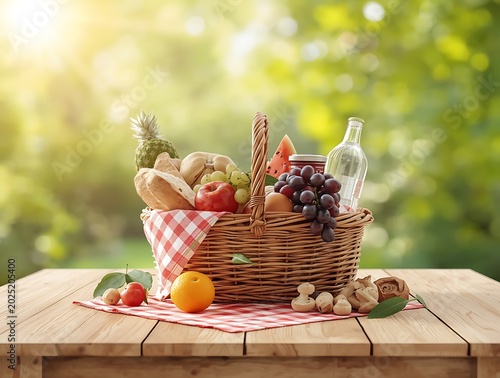 A delightful picnic basket overflowing with fresh fruits and bread on a wooden table.