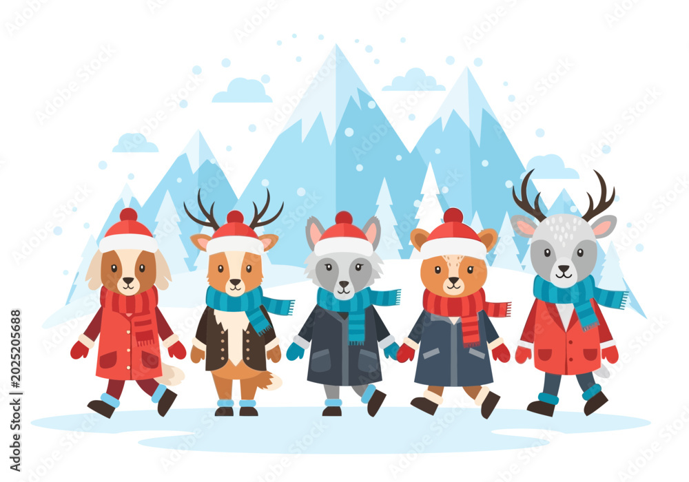 Fototapeta premium Cute Animal Characters Winter Coats Snow Scarf Mountains