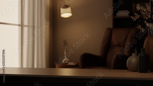 Schilderij op canvas Vase on wooden counter table across brown sofa armchair beside lamp and window's