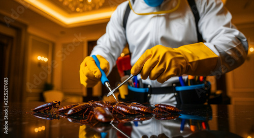 Exterminator in protective gear inspecting a cockroach infestation. Professional pest control specialist handling insects in a luxury home. Hygiene and sanitation service concept for marketing.