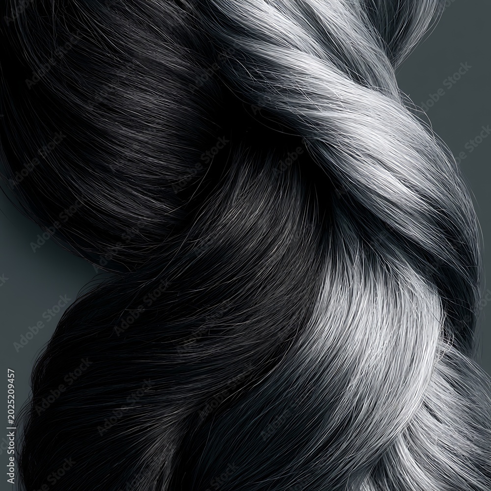 Naklejka premium gray hair reversal concept, split hair strand black and gray,