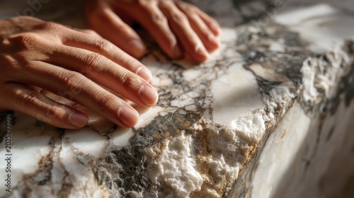 Hands gently touching polished white onyx veining detail with elegant gray patterns, showcasing premium marble texture for luxury interior design with natural lighting