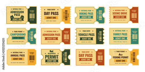 Bilde på lerret Retro national park ticket set with camping, hiking, fishing permit and scenic drive passes in vintage 50s style Americana style