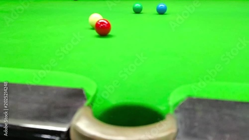 Blurred close up of Snooker shooting on snooker table in slow motion.
