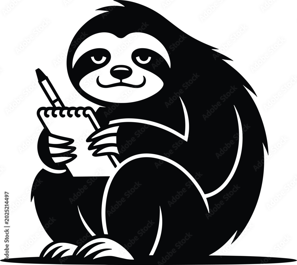 Naklejka premium sloth, black silhouette, tired, notebook, pencil, animal, mammal, cartoon, eps10, black and white, flat sitting sloth, writing sl A flat black silhouette of a tired sloth holding a notebook and pencil