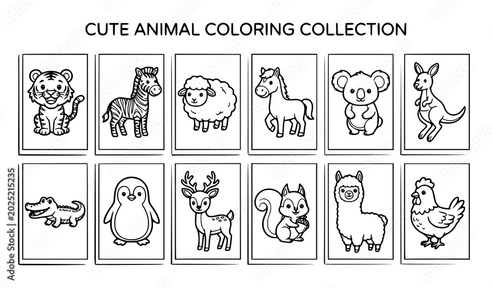 Fototapeta premium Cute Animal Coloring Activity Page Bundle Black and White Vector Illustration