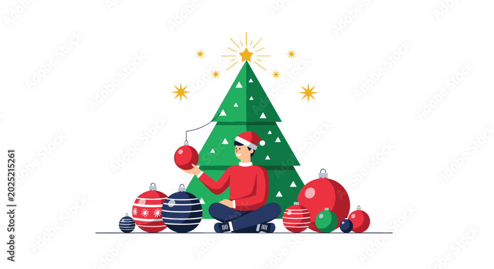 Fototapeta premium Festive illustration of a person wearing a santa hat sitting by a large green christmas tree surrounded by colorful striped ornaments.