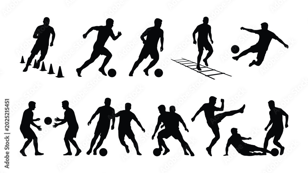 Obraz premium Soccer player drills and actions silhouette vector icons