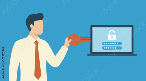 Εκτύπωση καμβά Digital security concept with man holding key to unlock laptop