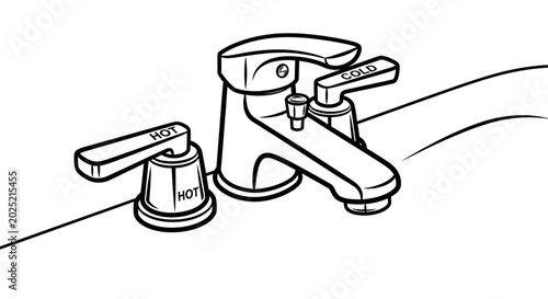 Black and white illustration of a bathroom sink faucet with hot and cold handles