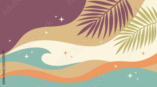 Billede på lærred A minimalist tropical illustration of wavy lines and palm leaves on a colorful a