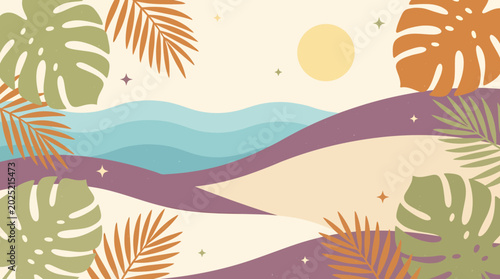 Bild auf Leinwand A minimalist tropical landscape with wavy hills, vibrant leaves, and a serene sun setting over a peaceful terrain